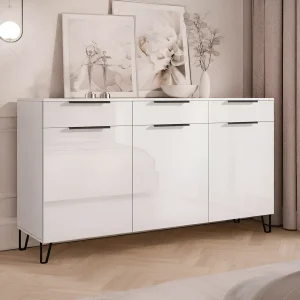 Белый глянцевый комод Flex 150 см из ДСП на заказ с черными ручками и ножками, идеально для хранения белья.