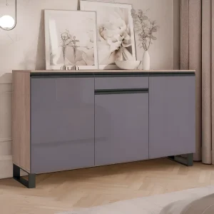 Современный комод Flex 1.5 метра с гладкими графитовыми фасадами из ДСП, деревянными боковинами и черными металлическими ножками, отлично подходящий для зала.
