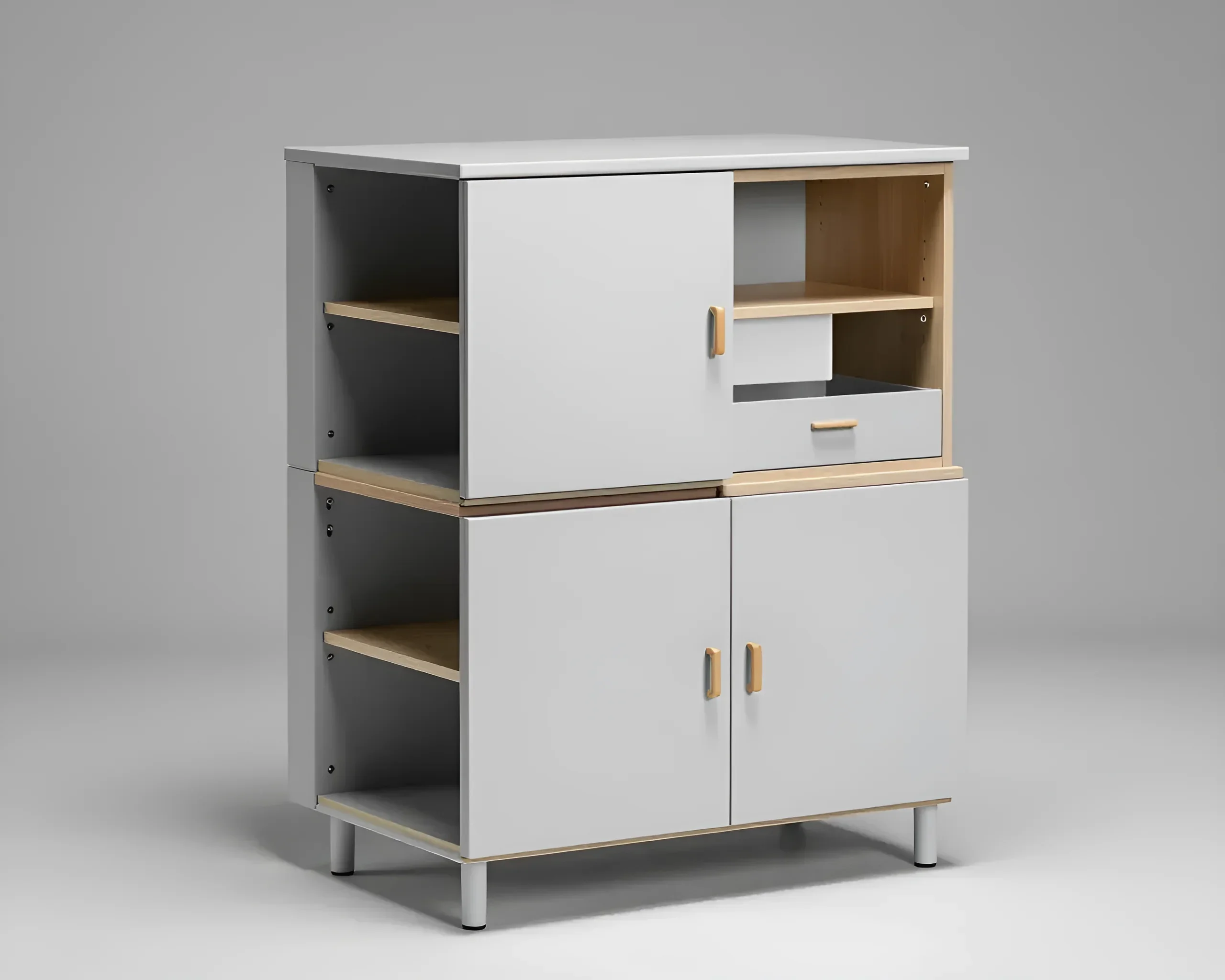 Light gray two-section kitchen set with wood inserts and hardware