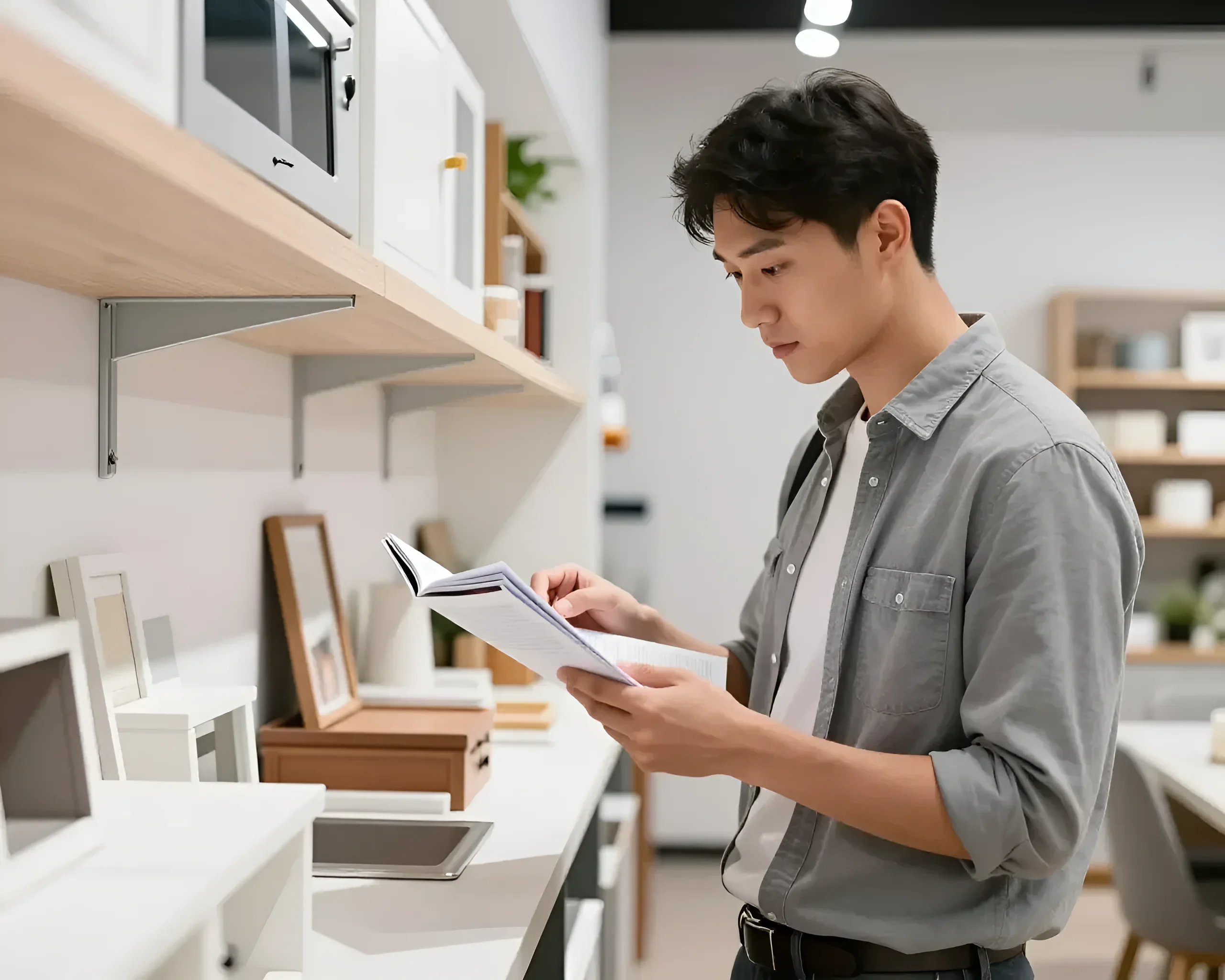 A young man chooses kitchen furniture, studying a catalog