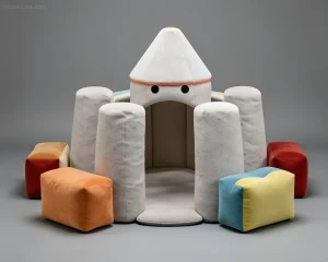 Мягкий игровой комплекс для детской комнаты в виде замка с круглыми башнями и разноцветными пуфами-кубиками.