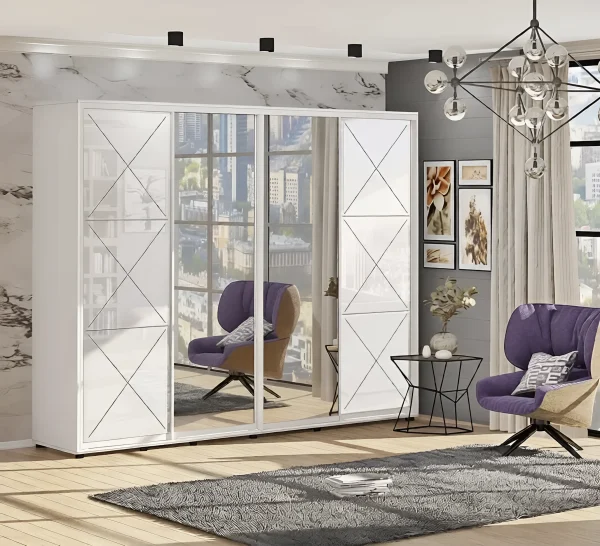 Schwebetürenschrank 360 cm "Provence" Hochglanz mit Spiegel 4-türig Weiß