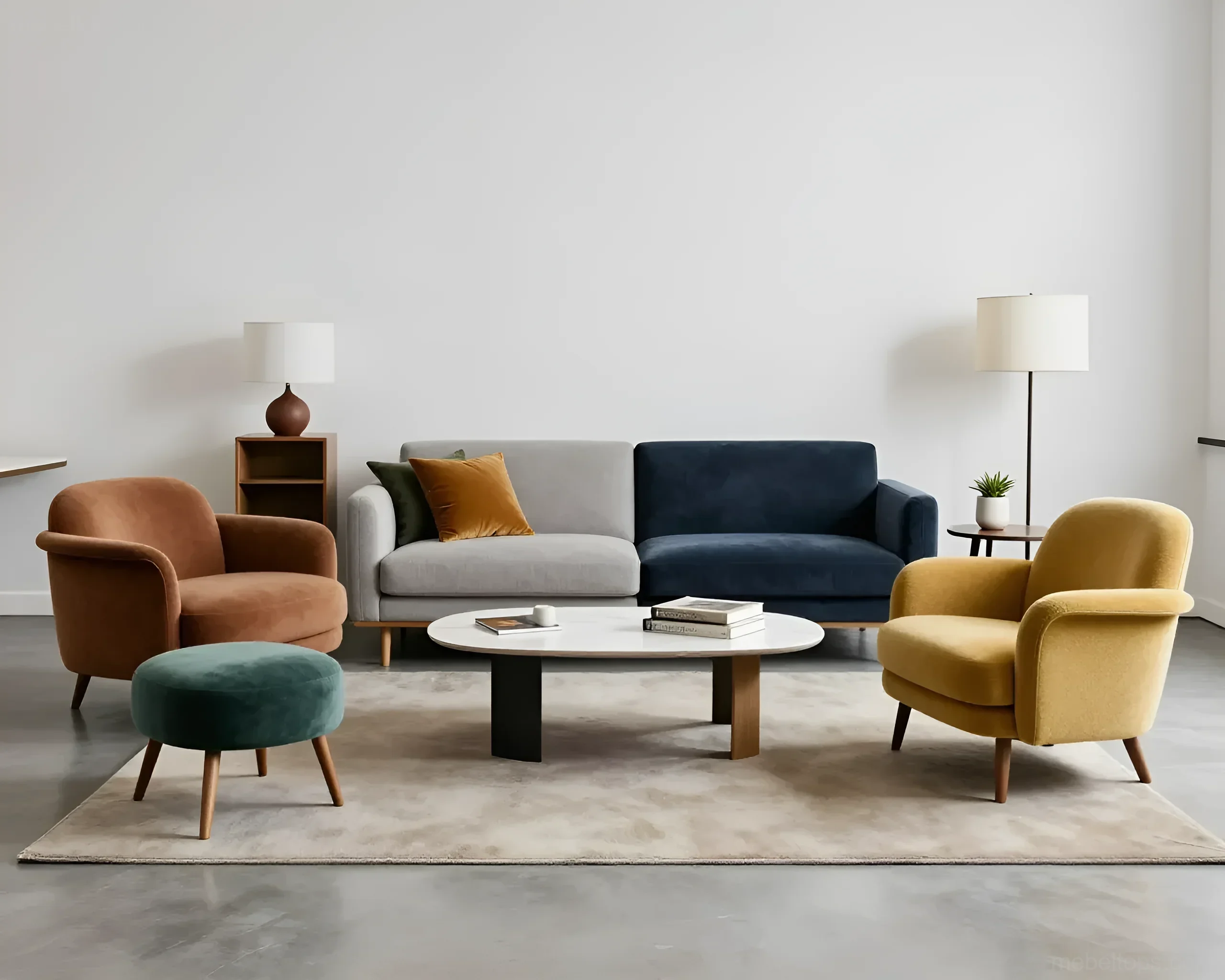 Modernes Wohnzimmer-Set aus zwei Sofas, zwei Sesseln und einem Hocker, die um einen Couchtisch angeordnet sind