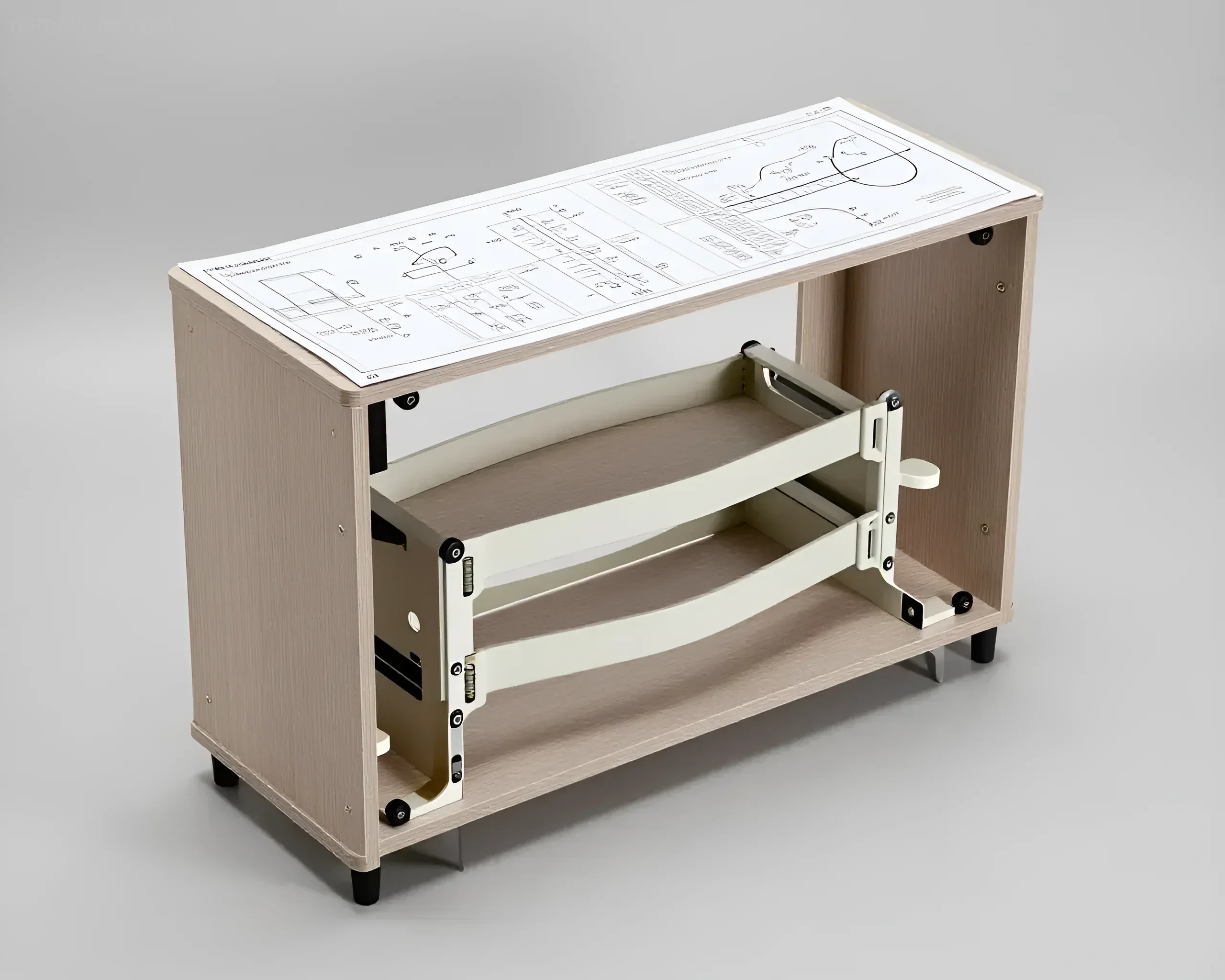 Stilvolles minimalistisches Regal mit ausziehbaren Fächern und technischen Zeichnungen oben