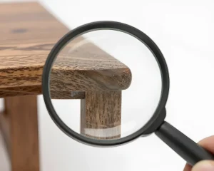 Лупа увеличивает текстуру и края деревянного сиденья, демонстрируя качество обработки материала.