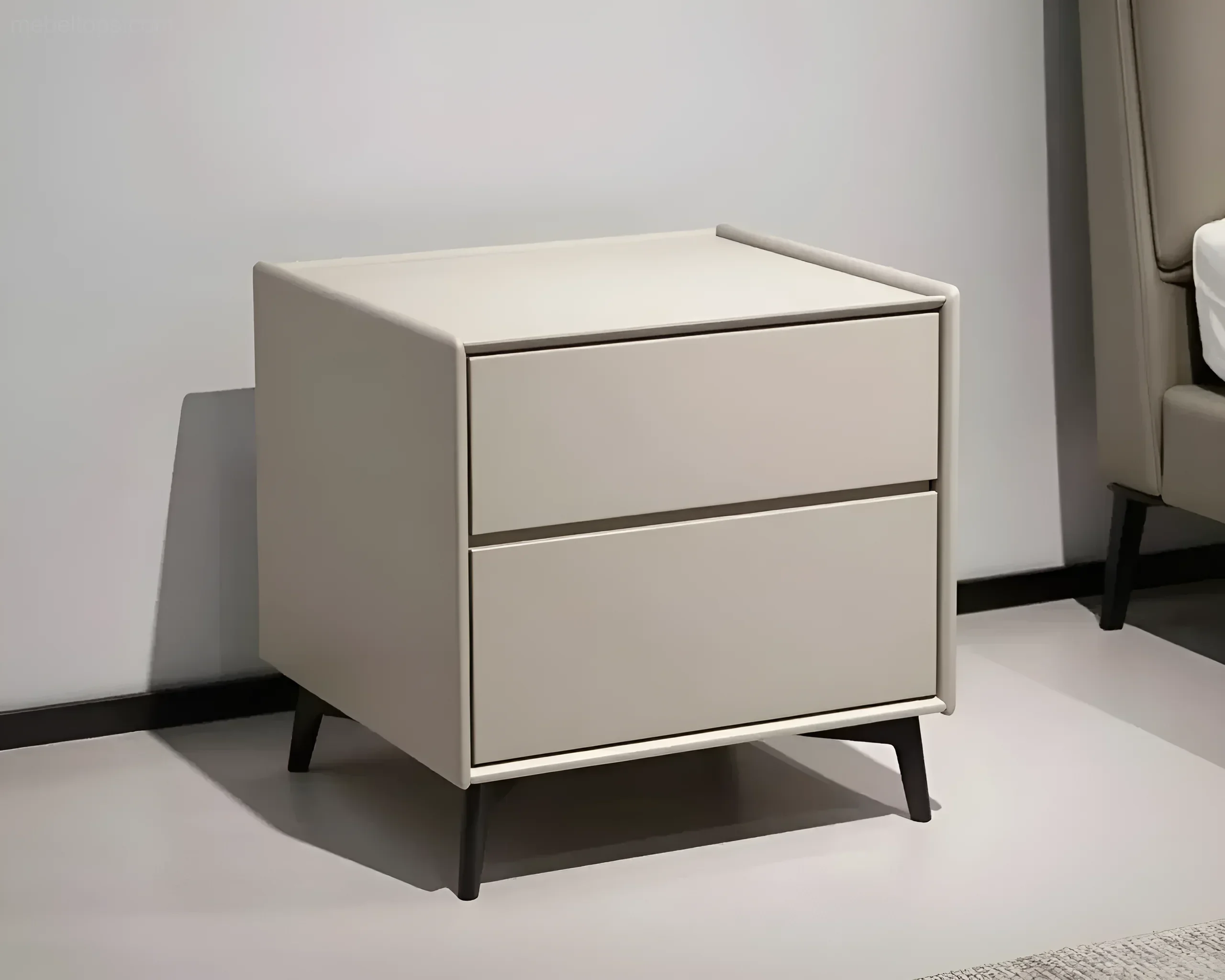 Modern style bedside table with two drawers, color - light gray, on black legs.