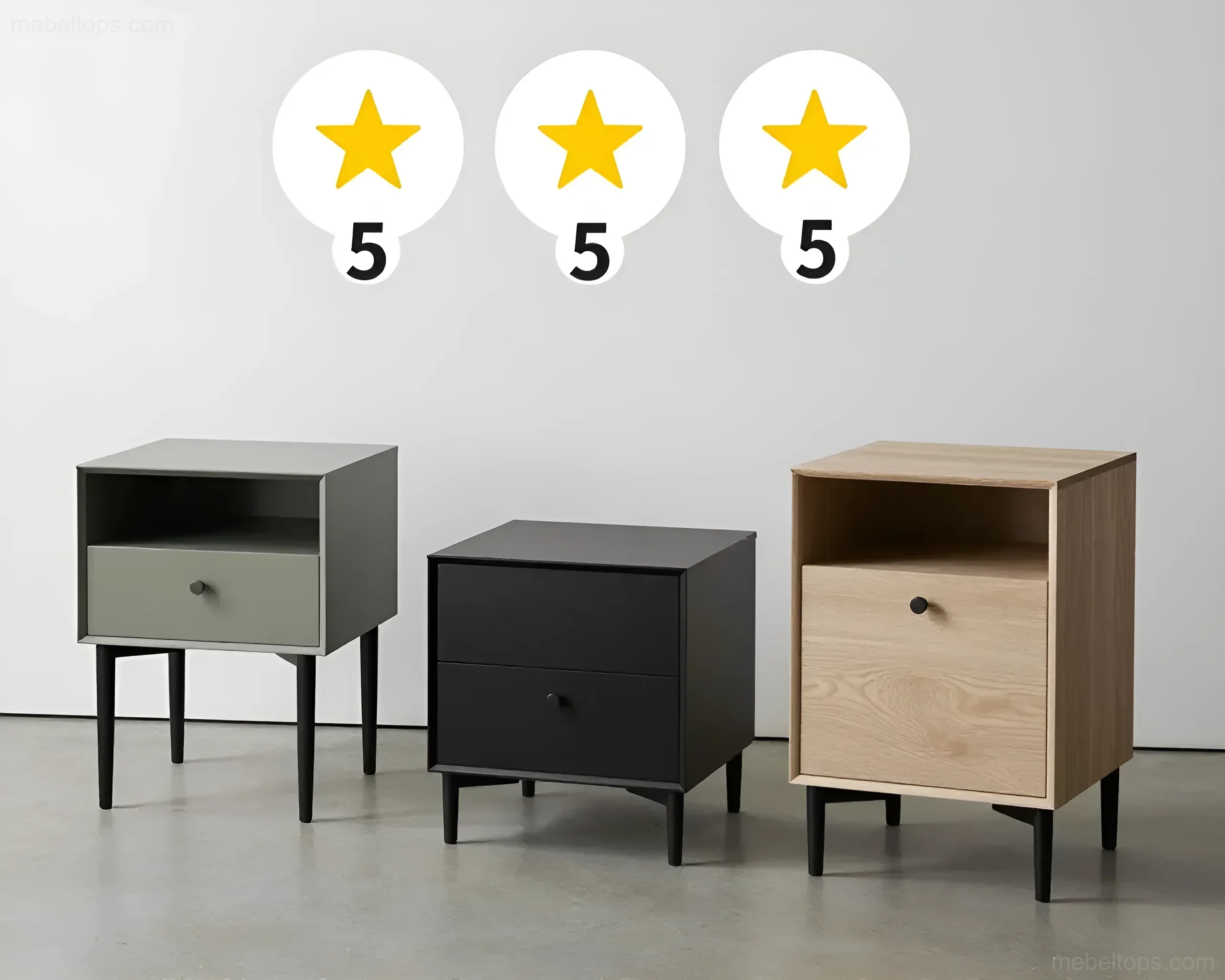 Three stylish bedside tables with drawers and an open niche, rated 5 stars.