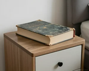 Современная прикроватная тумба с двумя ящиками, верхняя часть выполнена в древесном декоре, а фасады ящиков — в светло-сером цвете, украшена старинной книгой.