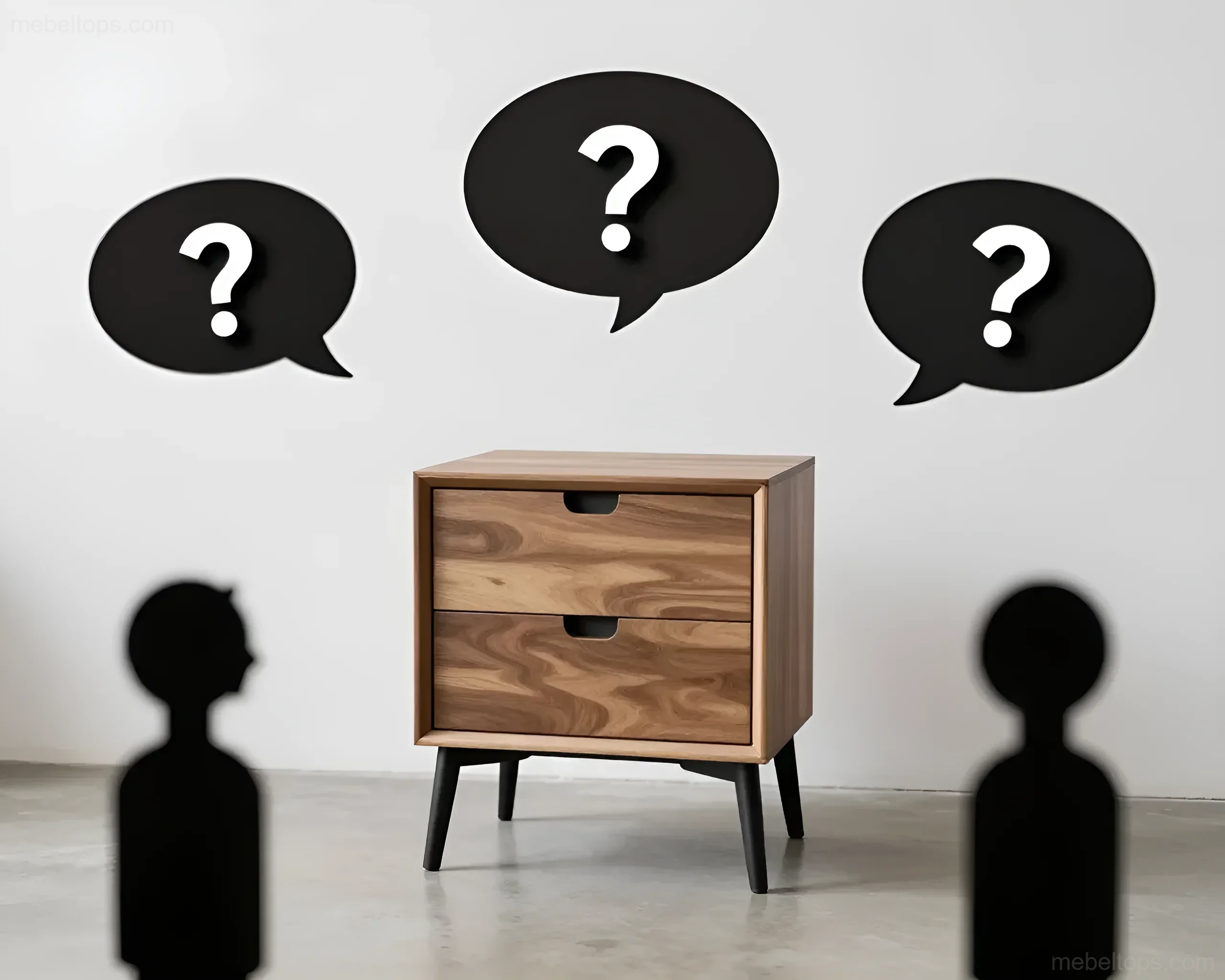 Wooden bedside table with two drawers, surrounded by silhouettes of people and question mark clouds, symbolizing doubts when choosing furniture.
