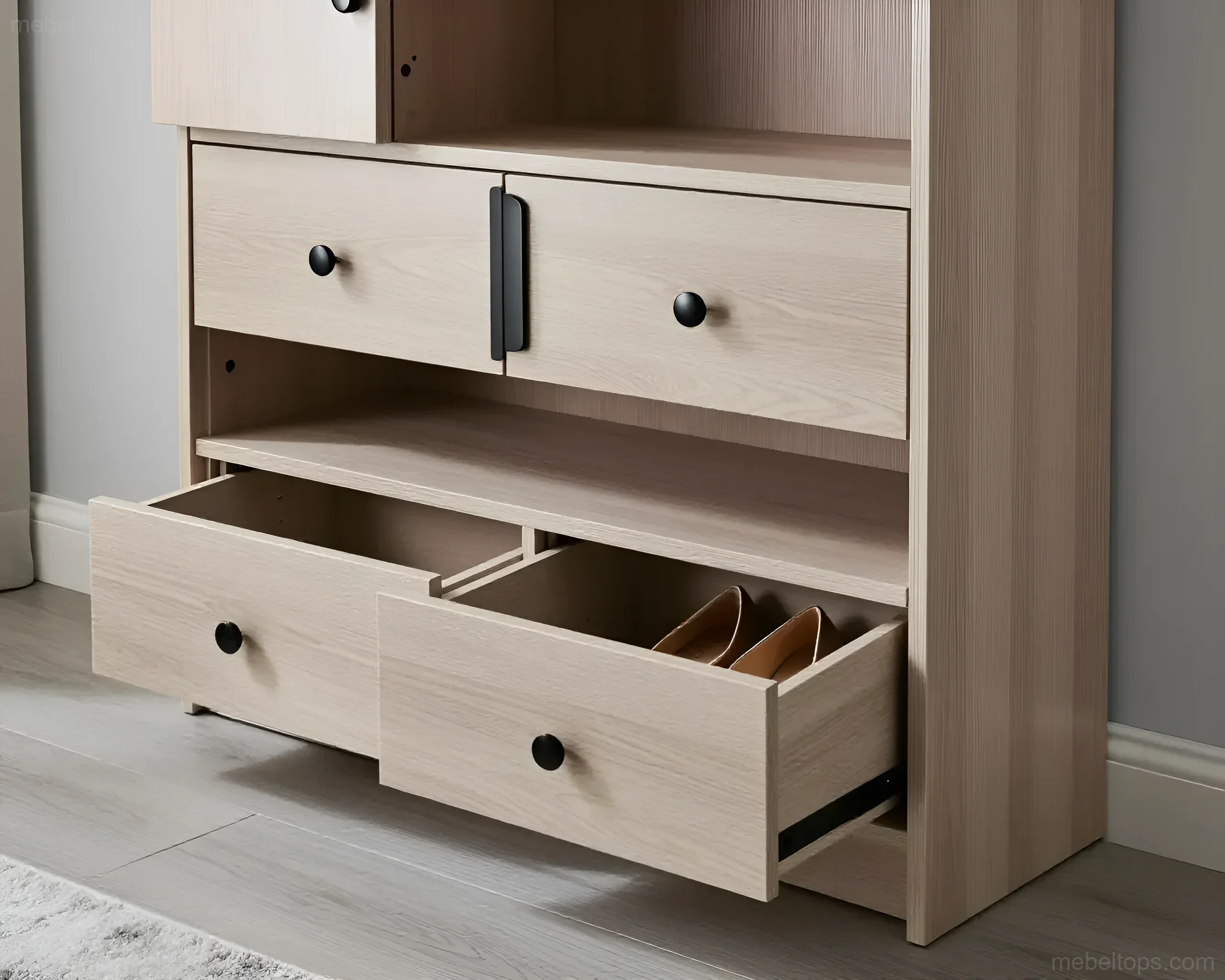 Moderner Schuhschrank mit Schubladen und offenem Regal, in hellen Holztönen gehalten, mit schwarzen Griffen.