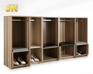Светлая тумба для обуви с сиденьем и отделениями для хранения