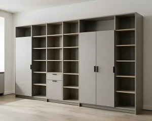 Серый антресольный шкаф с множеством открытых полок и двумя закрытыми секциями, идеально подходящий для хранения на кухне.