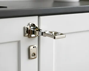 Крупный план современной кухонной петли и ответной планки, демонстрирующих скрытый механизм крепления.