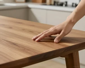 Рука, гладящая гладкую деревянную столешницу кухонного стола.