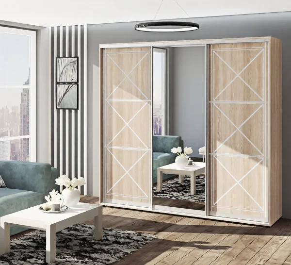 Schiebetürenschrank 260 cm „Provence“ Hochglanz dreitürig Sonoma-Eiche