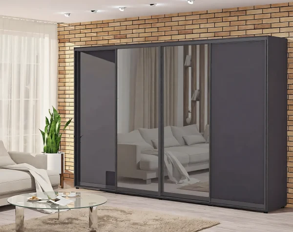 Schiebetürenschrank 3,2 Meter "Spanplatte" mit Spiegel, viertürig, Anthrazit