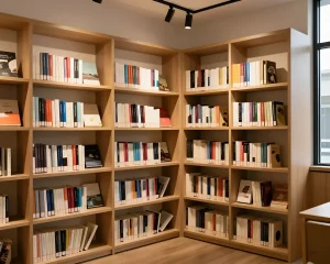 Светлая модульная книжная система из натурального дерева, заполненная книгами, создает ощущение простора и порядка, идеально подходит для минималистичного интерьера и визуального охлаждения комнаты.