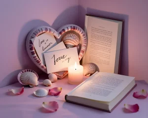 Уютная композиция на полке: сердце из ракушек с записками 'love is summer', горящая свеча, открытые книги и розовые лепестки — идеальное оформление летней витрины в стиле бохо.