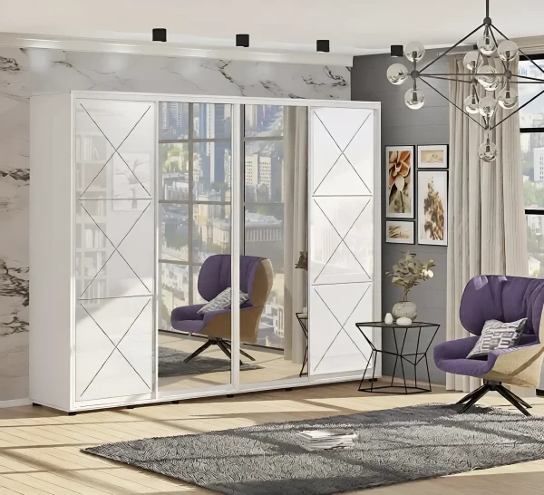Sliding Wardrobe 4.0 meters "Provence" Glossy with Mirror 4-Door White