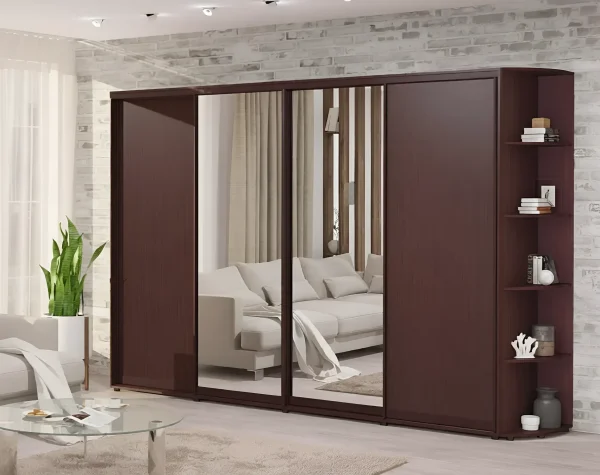 Schiebetürenschrank 360 cm "Spanplatte" mit Spiegel, viertürig, Eiche Wenge
