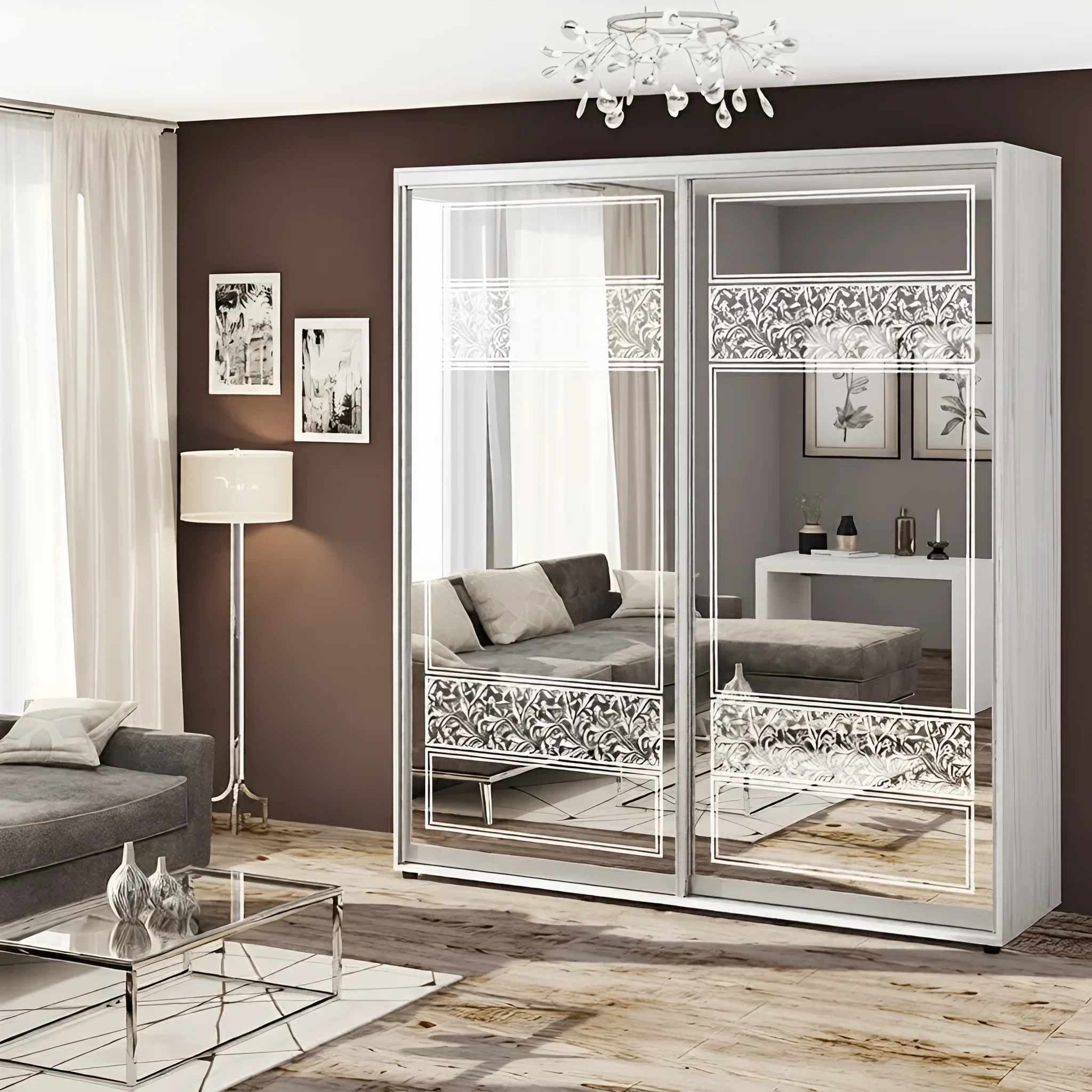 Современный двухдверный шкаф-купе шириной 1,2 метра с зеркальными фасадами в белом дубе, украшенными декоративными узорами, в интерьере гостиной.