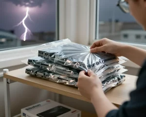 Человек упаковывает ноутбуки в антистатические пакеты на деревянном столе у окна во время грозы, обеспечивая безопасность техники от скачков напряжения и влаги.