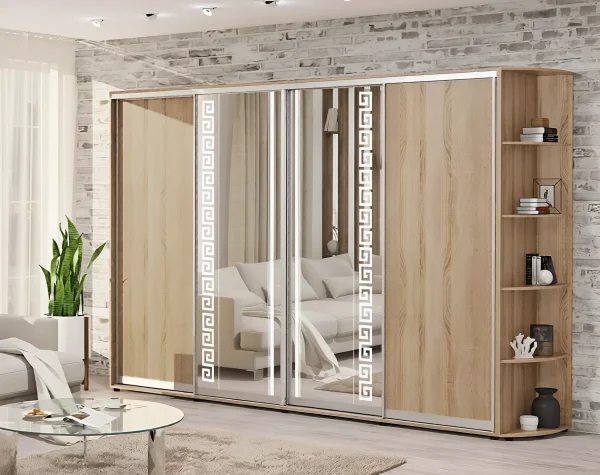 Schwebetürenschrank 2,8 m "Spanplatte" mit Spiegel 4-türig Natureiche