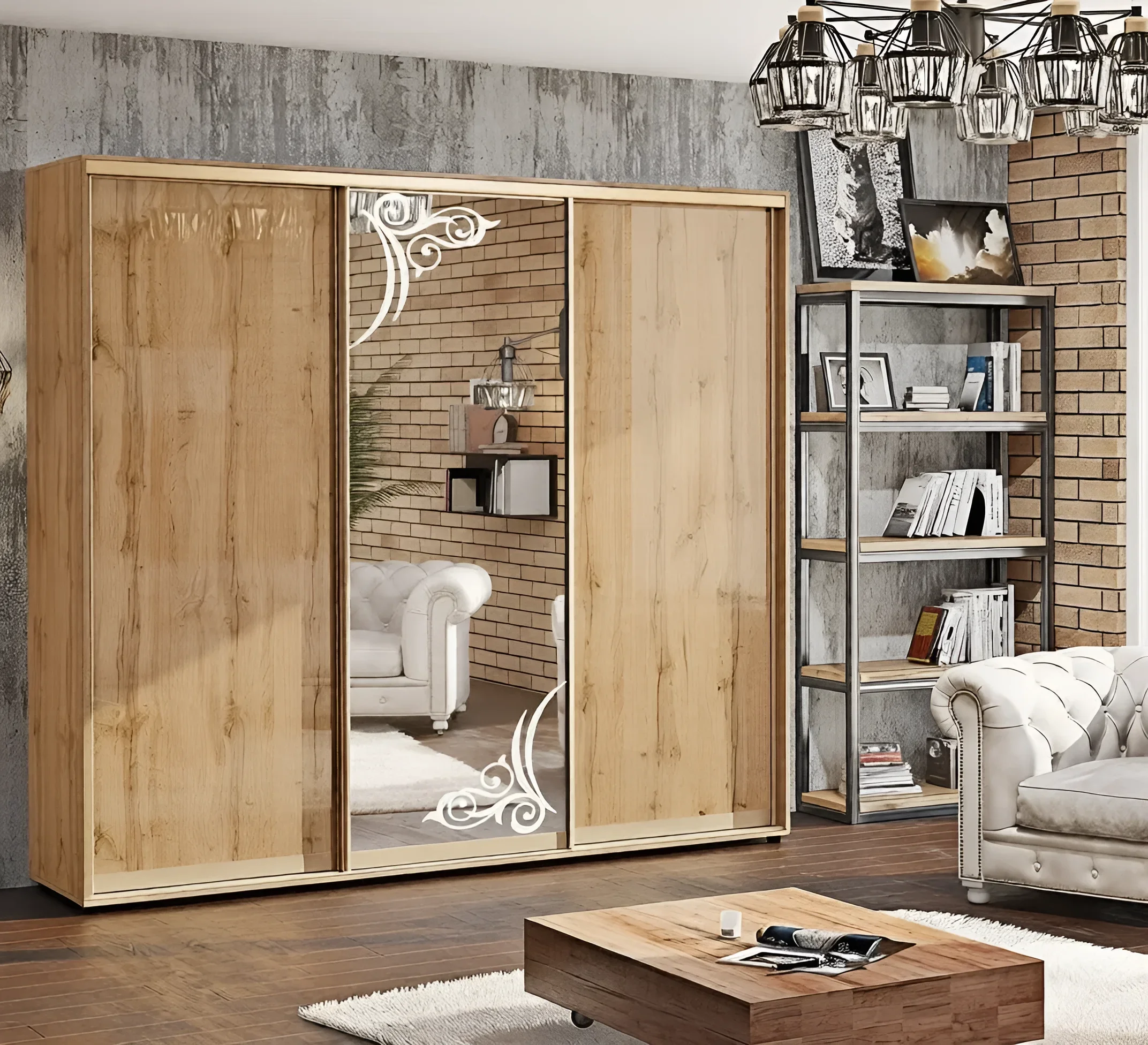 Трехдверный шкаф-купе 2.5 метра в цвете дуб золотой с зеркальными створками и белым узором в современном интерьере.