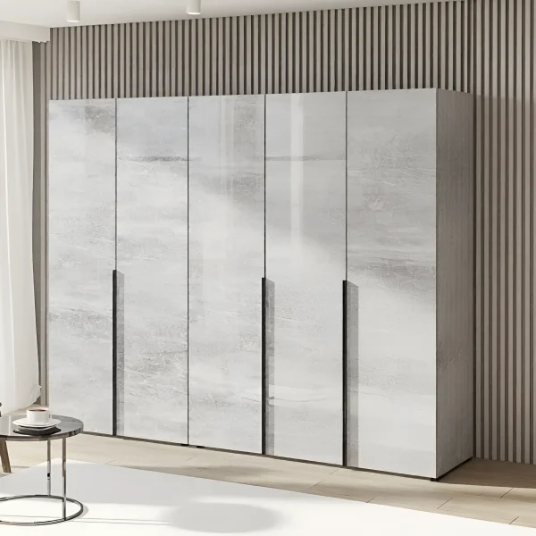 Großer Kleiderschrank Flex 2,4 m mit Spanplatten-Fronten in Betonoptik, sechstürig