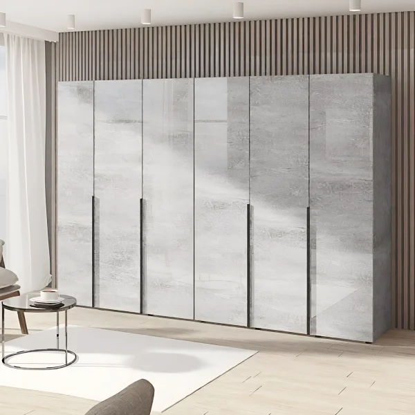 Large Flex 2.9m wardrobe with Concrete chipboard facades, six-door