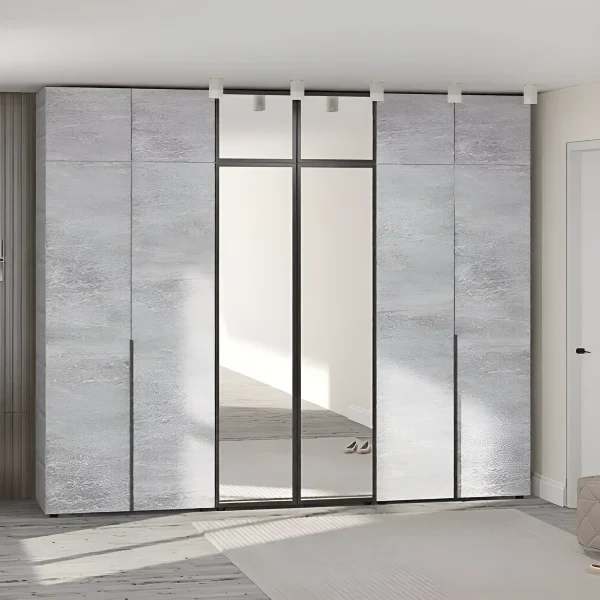 Fertiger Kleiderschrank Flex 300 cm mit Spanplatten-Fronten in Betonoptik, sechstürig