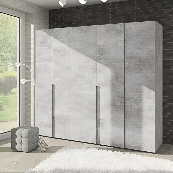 Maßgefertigter Kleiderschrank Flex 2,3 m mit Beton-Spanplattenfronten, 5-türig