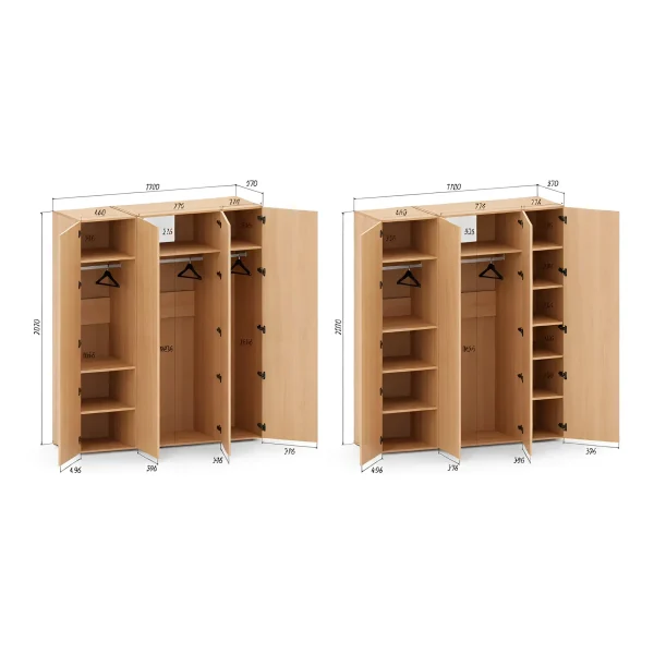 Maßgefertigter Kleiderschrank Flex 1,7 m mit Spanplatten-Fronten in Kaschmir, viertürig