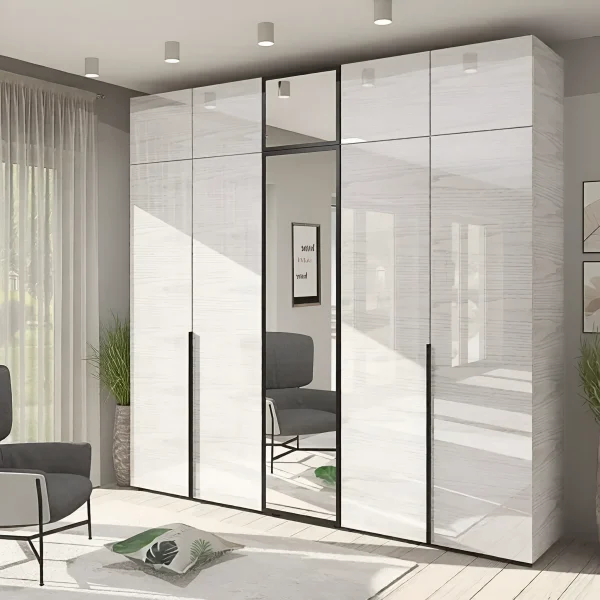 Flex 2,1 m Spiegelschrank, Spanplattenfront in gebleichter Eiche für das Wohnzimmer
