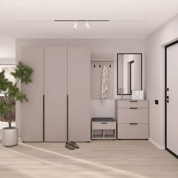 Modular hallway Flex 2.75 meters with Toffee chipboard facades and a chest of drawers