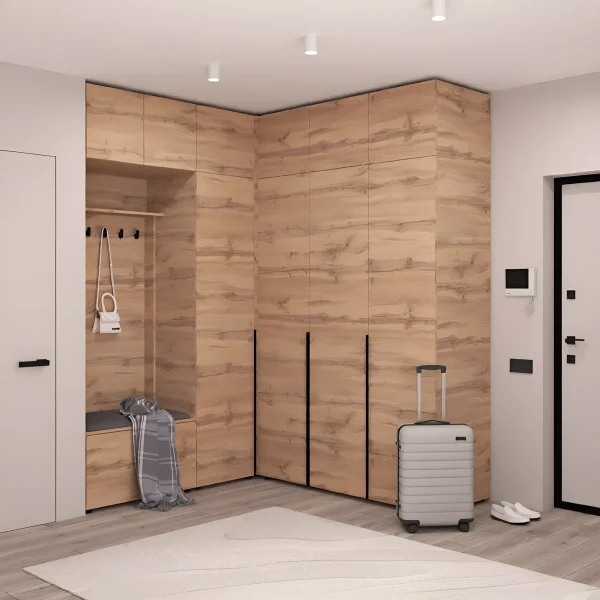 Modulare Diele Flex mit Spanplatten-Fronten in Goldeiche und Schrank