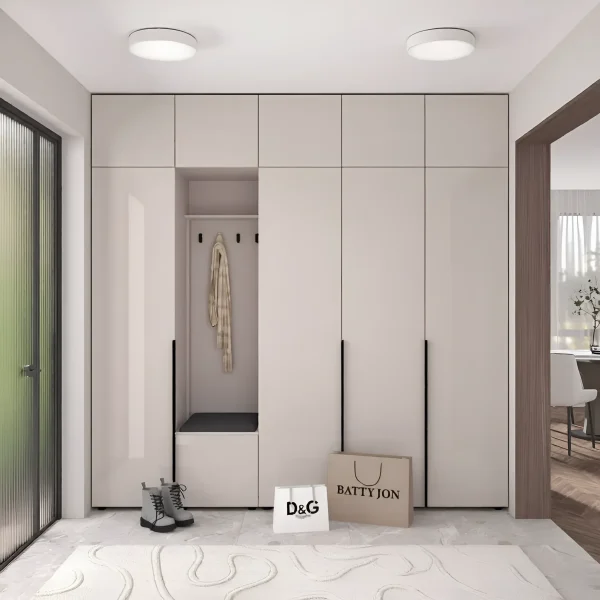 Modulare Flurgarderobe Flex 2,5m mit Kaschmir-Spanplattenfronten, wandfüllend