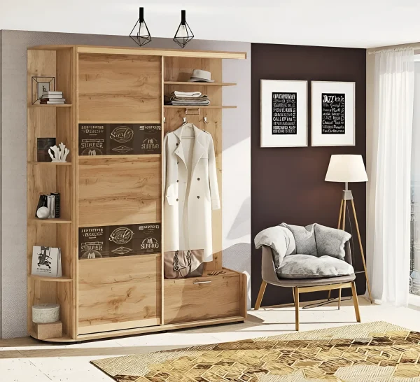 Schiebetür-Flurgarderobe 1200 mm Spanplatten-Front Appalachen-Eiche mit Kleiderbügel