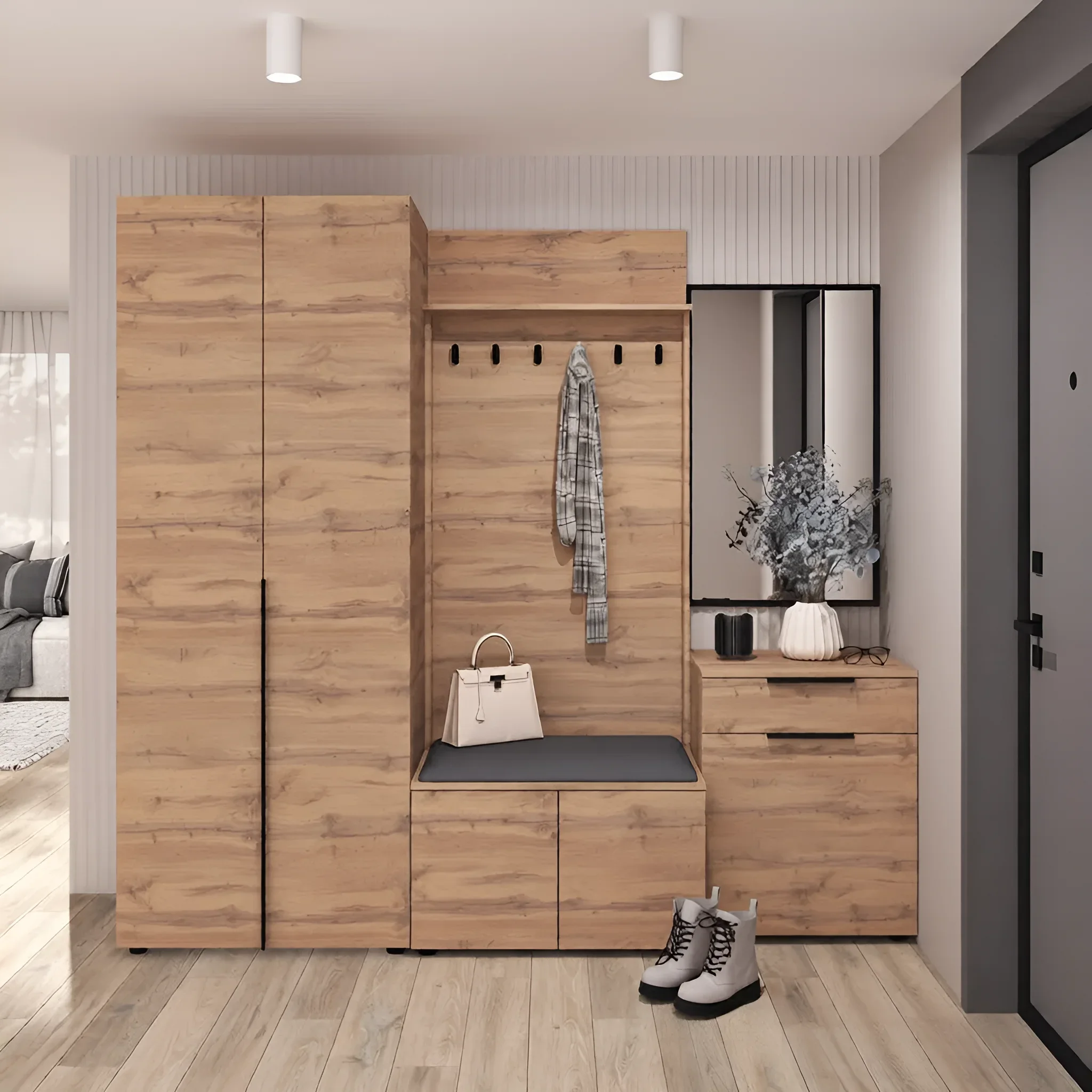 Прихожая лофт Flex 220 см с ДСП фасадами Дуб золотой с комодом - фото