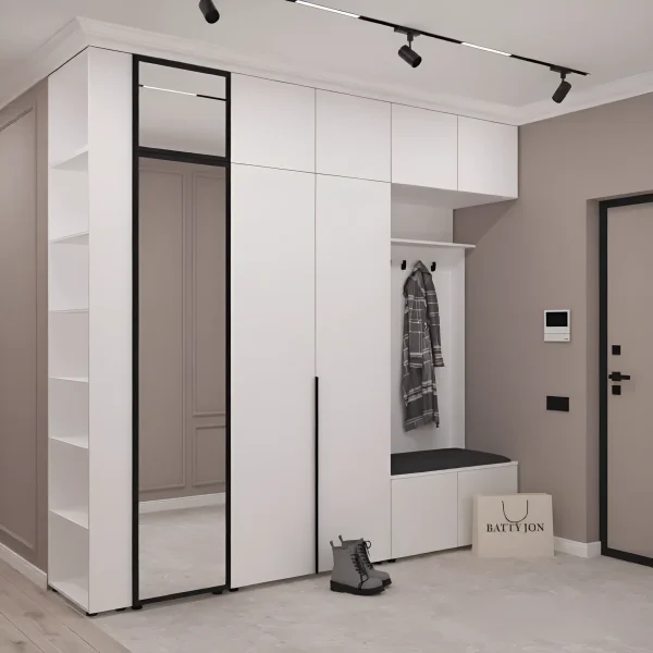 Flurgarderobe mit Spiegel Flex 2,5 Meter Spanplattenfront Weiß für Schuhe