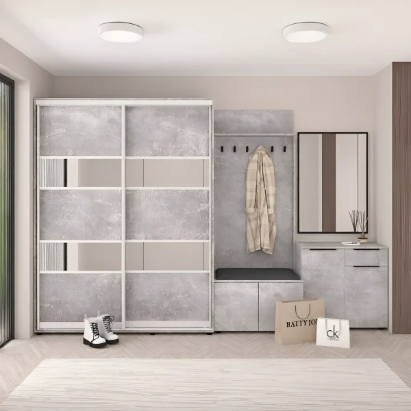 Hallway with Flex sliding wardrobe 320 cm chipboard facade Concrete for shoes