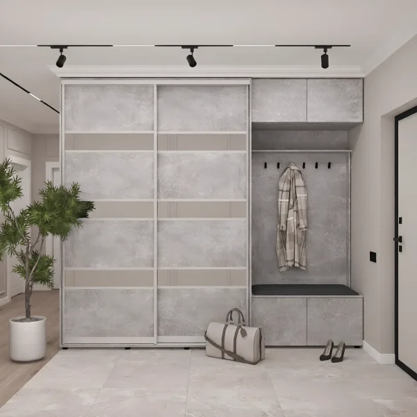 Flurmöbel mit Schiebetürenschrank Flex 2,7m Spanplatte Beton-Fassade für die Wohnung