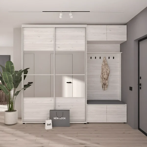 Flurmöbel mit Schiebetürenschrank Flex 2,6 m Spanplatte, Front Eiche gebleicht, für Schuhe
