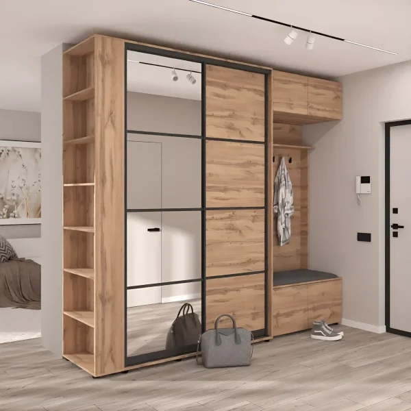 Flurgarderobe mit Flex 2,7 m Schiebetürenschrank, Spanplattenfront, Goldeiche, für Schuhe