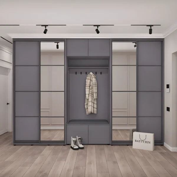 Hallway with Flex 3.4m sliding wardrobe, chipboard, Graphite facade for clothes
