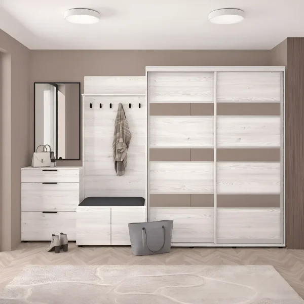 Hallway with sliding wardrobe Flex 310 cm chipboard bleached oak facade for clothes