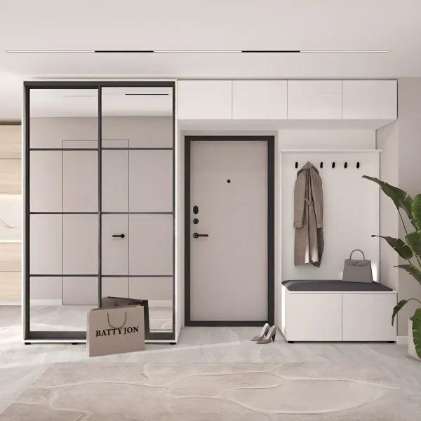 Flurgarderobe mit Schiebetürenschrank Flex 340 cm mit weißen Spanplattenfronten für Kleidung