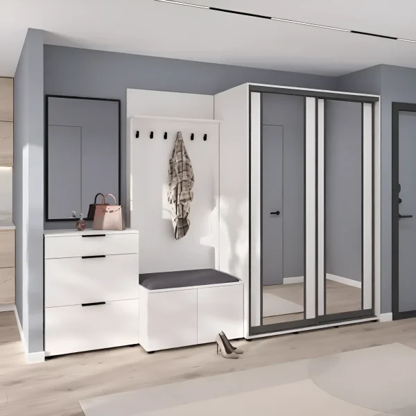 Hallway with Flex 2900 mm sliding wardrobe with White chipboard fronts for clothes