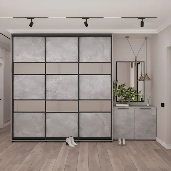 Flur mit Flex 3200 mm Schiebetürenschrank mit Beton-Spanplattenfronten für Kleidung