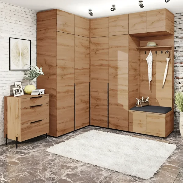 Moderne Diele Flex 2,3x2,4 mit Spanplatten-Fronten Goldene Eiche mit Kommode